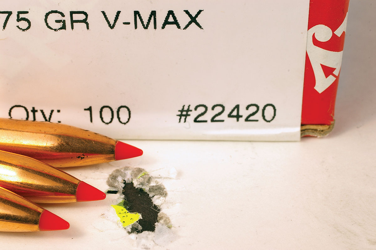 Hornady 75-grain V-MAX bullets shot this tight group loaded with W-748 powder.